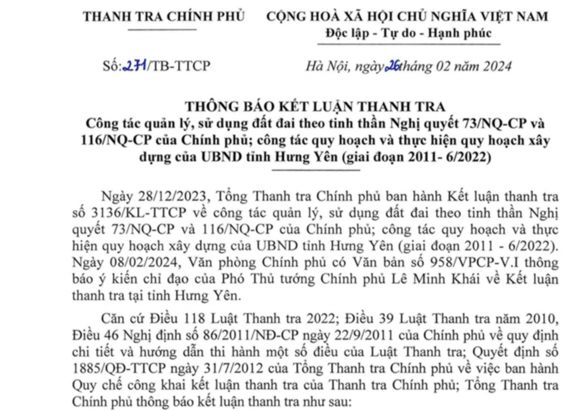 Thanh tra Chính phủ vạch hàng loạt sai phạm tại 19 dự án ở Hưng Yên Thanh tra Chính phủ vạch hàng loạt sai phạm tại 19 dự án ở Hưng Yên