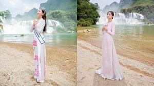 Bộ ảnh đẹp như mơ của Hoa hậu Lương Thùy Linh tại thác Bản Giốc