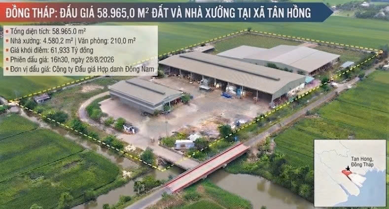 Đồng Tháp: Đấu giá 58.965 m² đất và nhà xưởng tại xã Tân Hồng Đồng Tháp: Đấu giá 58.965 m² đất và nhà xưởng tại xã Tân Hồng
