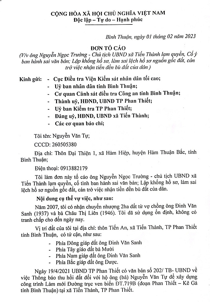 Dự án King Sea Phan Thiết: Dính “lùm xùm” tiền đền bù, người dân làm đơn tố Chủ tịch UBND xã Dự án King Sea Phan Thiết: Dính “lùm xùm” tiền đền bù, người dân làm đơn tố Chủ tịch UBND xã