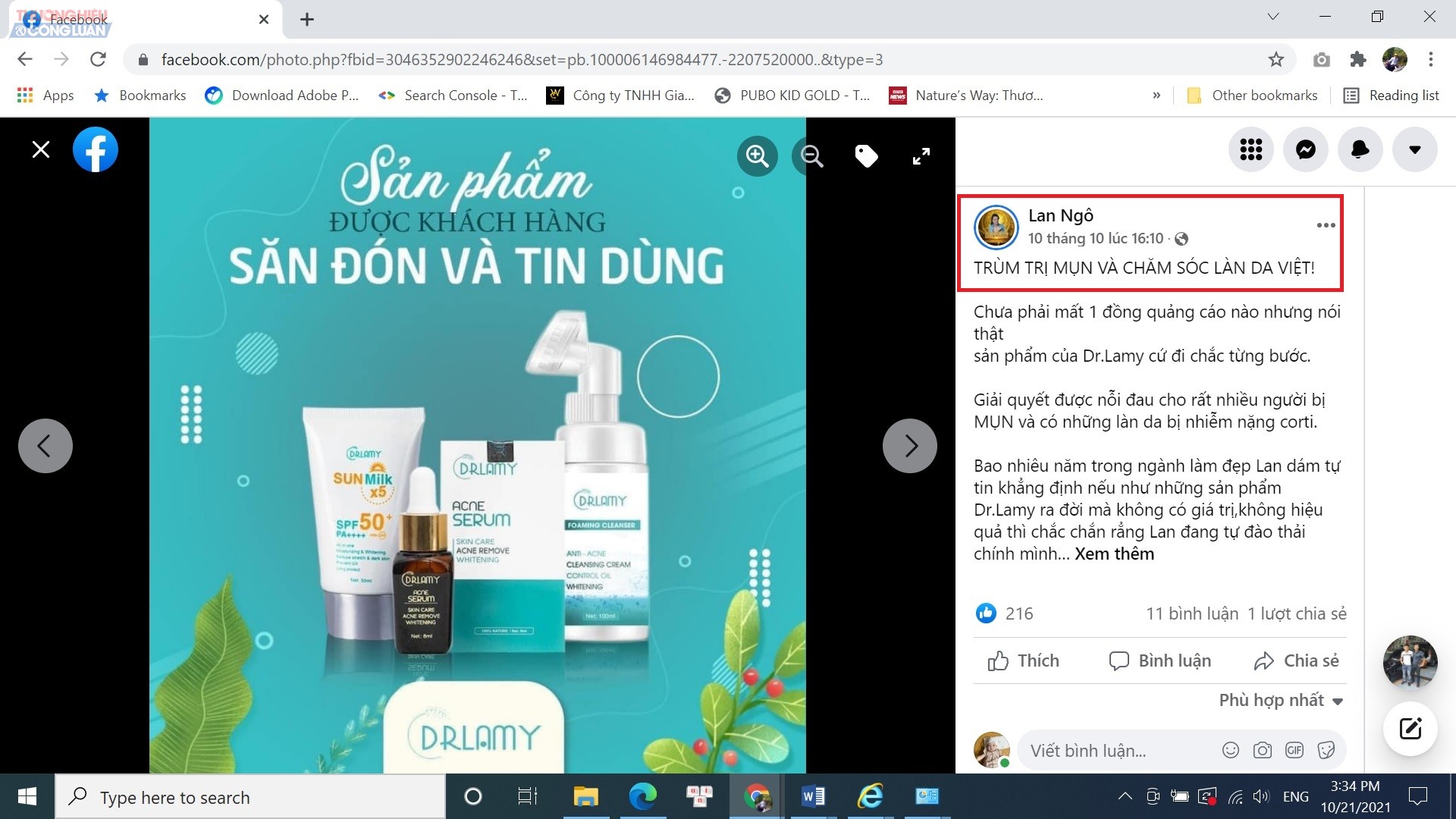 Tài khoản facebook có tên Lan Ngô (được cho là CEO của Công ty TNHH Dược mỹ phẩm Lamy Việt Nam) cũng thường xuyên đăng tải hình ảnh, bài viết sử dụng các từ ngữ gây hiểu lầm cho khách hàng để quảng cáo sản phẩm Dr.Lamy