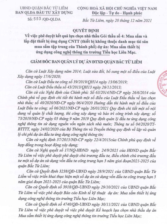 Gói thầu số 4: Mua sắm và lắp đặt thiết bị ứng dụng CNTT (thiết bị không thuộc danh mục tài sản mua sắm tập trung của Thành phố) dự án: Mua sắm thiết bị ứng dụng công nghệ thông tin trường Tiểu học Liêm Mạc