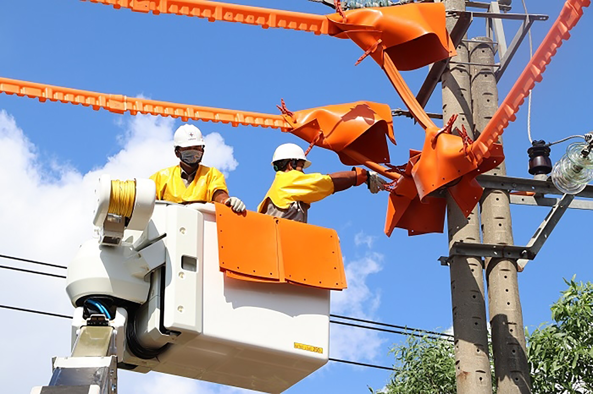 Công nhân điện lực sửa chữa đường dây, đảm bảo cung cấp điện cho người dân trong mùa nắng nóng