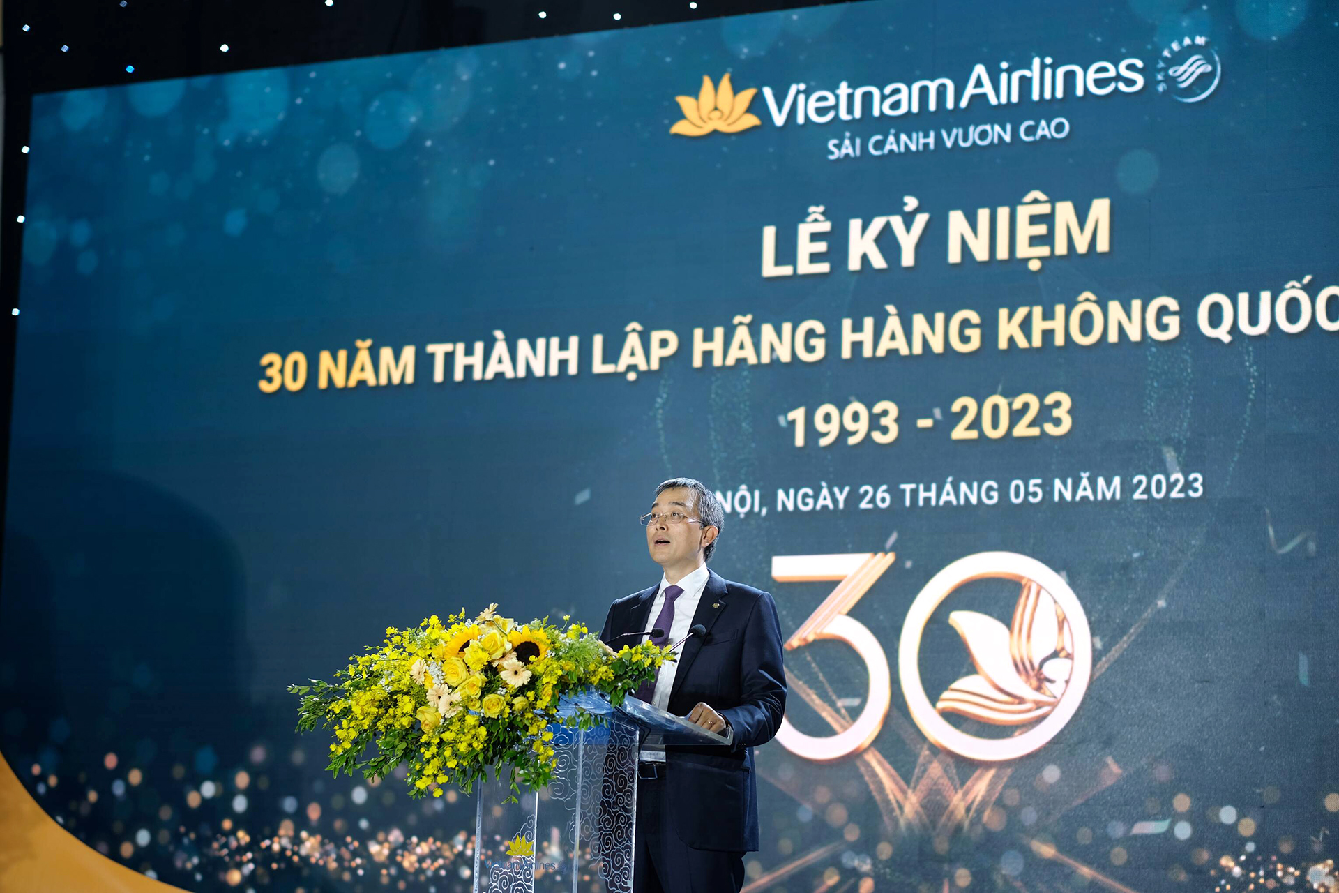 Chủ tịch HĐQT Vietnam Airlines Đặng Ngọc Hòa phát biểu tại lễ kỉ niệm 30 năm thành lập Hãng HKQG