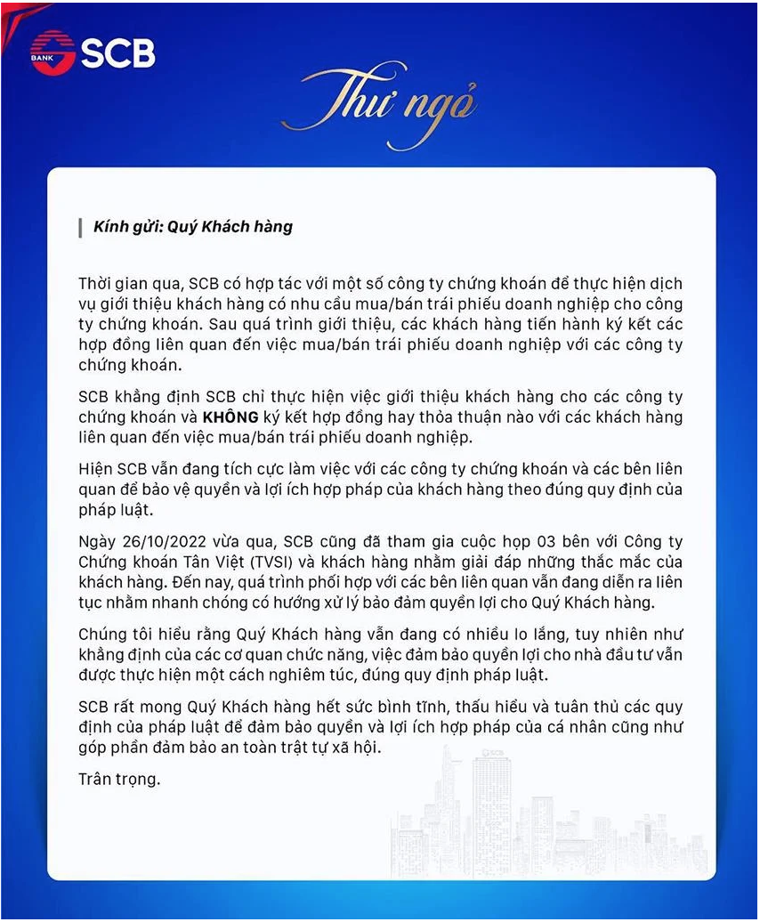 SCB gửi thông điệp mới cho khách mua trái phiếu của Chứng khoán Tân Việt Thư ngỏ SCB gửi khách hàng mua trái phiếu. Ảnh chụp từ website của SCB