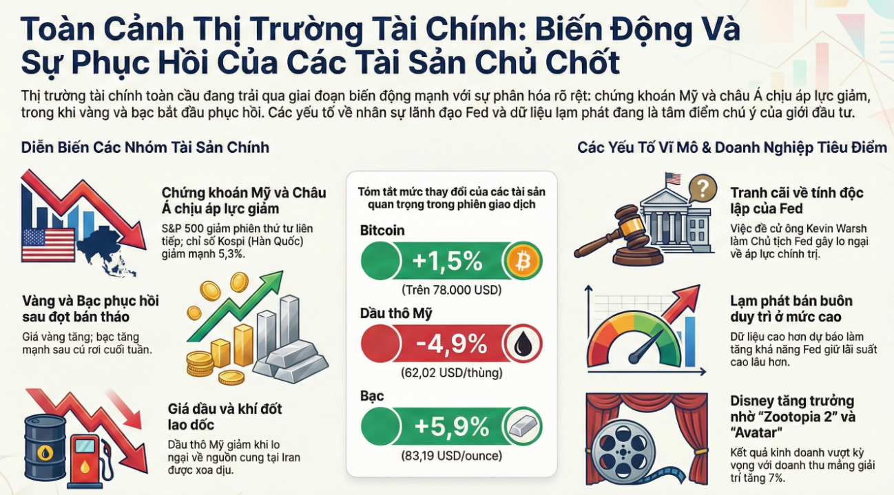 Phố Wall tăng điểm trở lại, vàng và bạc hồi phục sau đợt biến động mạnh