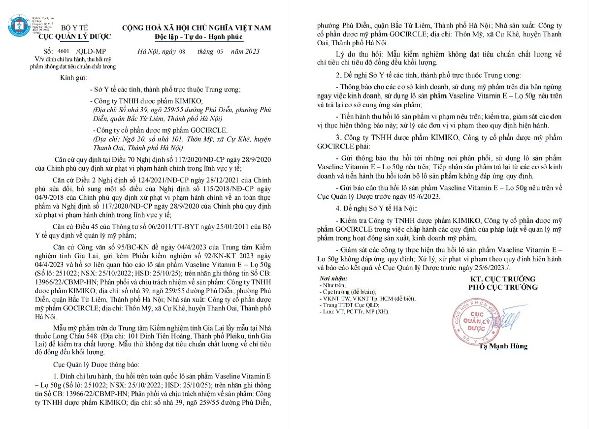 Thu hồi toàn quốc lô kem Vaseline Vitamin E kém chất lượng