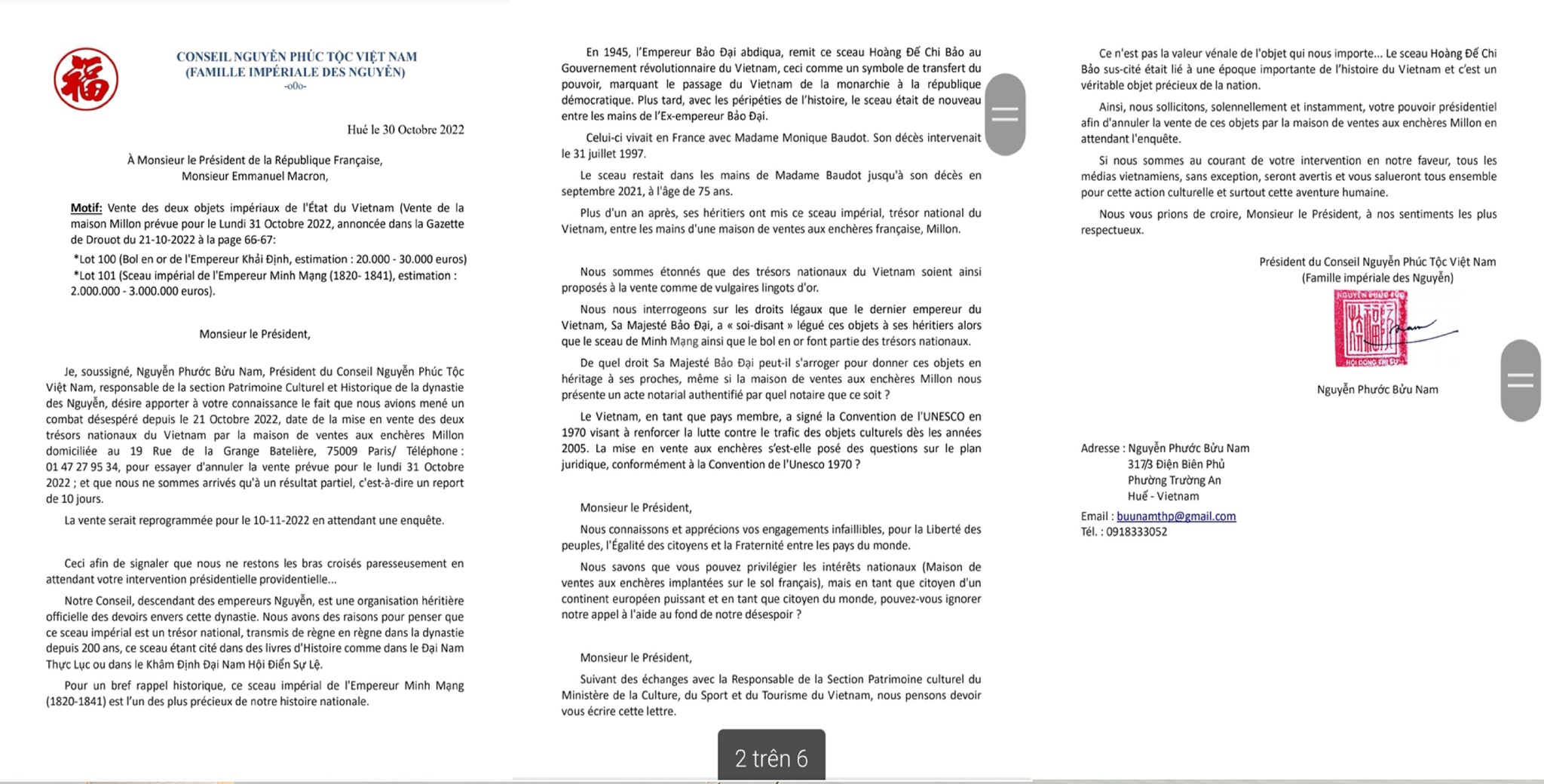 Hoàng tộc triều Nguyễn gửi thư cho Tổng thống Pháp về ấn vàng 'Hoàng đế chi bảo' Hoàng tộc triều Nguyễn gửi thư cho Tổng thống Pháp về ấn vàng 'Hoàng đế chi bảo' - ảnh 2