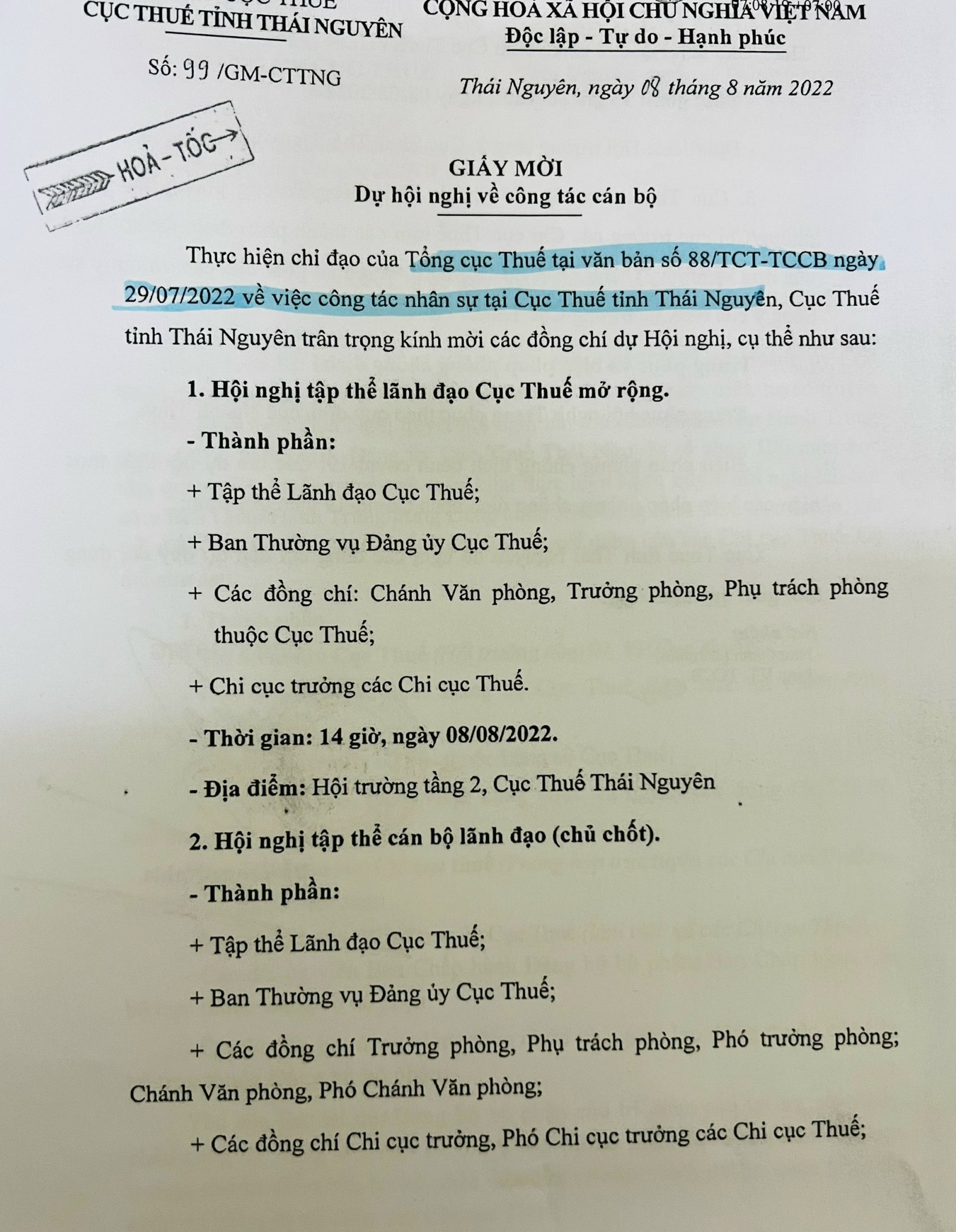 Giấy mời dự hội nghị triển khai các bước theo quy trình bổ nhiệm Phó Cục trưởng. Ảnh: CB 