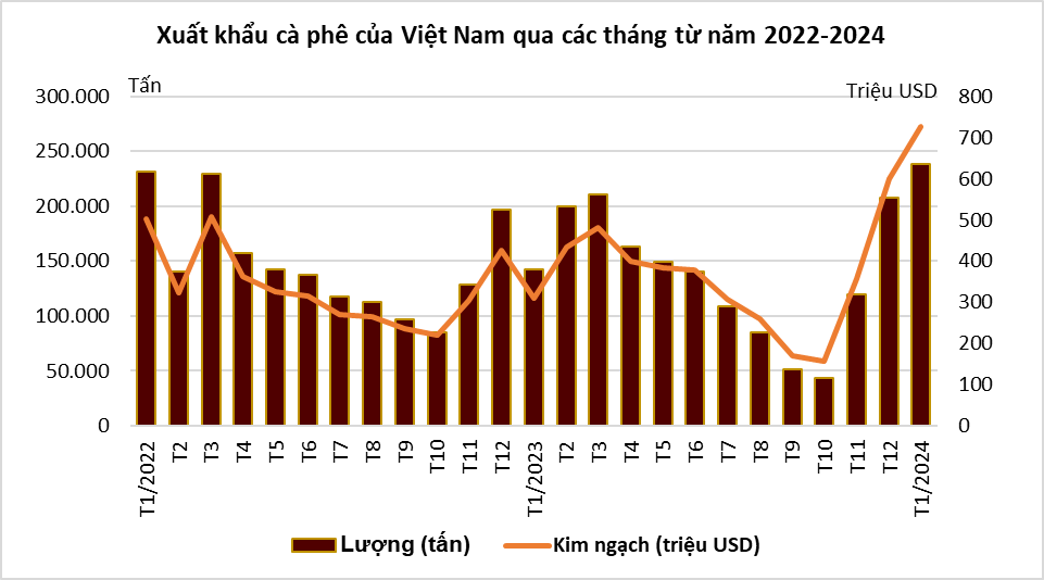 Xuất khẩu cà phê tháng 1 cao kỷ lục, giá trong nước vượt đỉnh 83.000 đồng/kg Xuất khẩu cà phê tháng 1 cao kỷ lục, giá trong nước vượt đỉnh 83.000 đồng/kg
