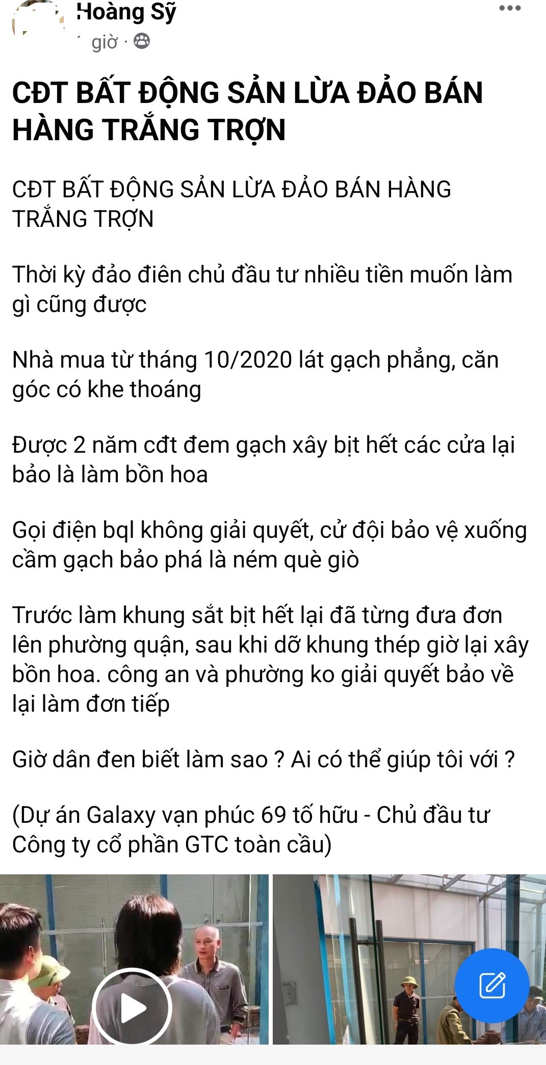 Bài đăng tố cáo chủ đầu tư Công ty Cổ phần thương mại và đầu tư Toàn Cầu GTC gian dối. Ảnh chụp màn hình