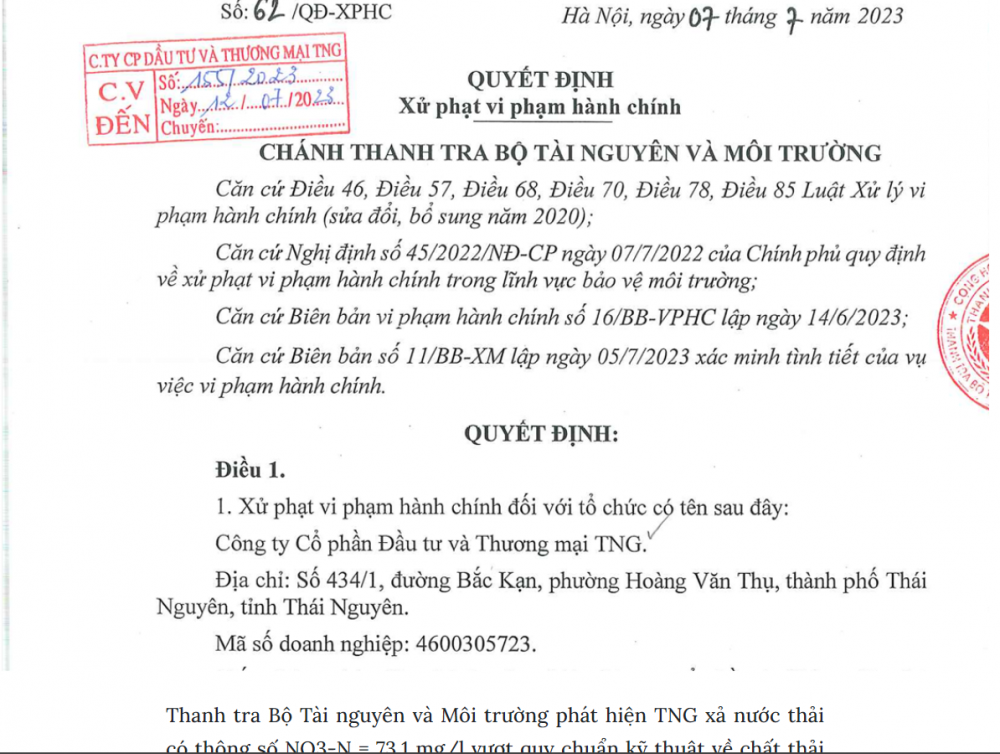 TNG bị phạt gần 370 triệu đồng do xả nước thải vượt quy chuẩn