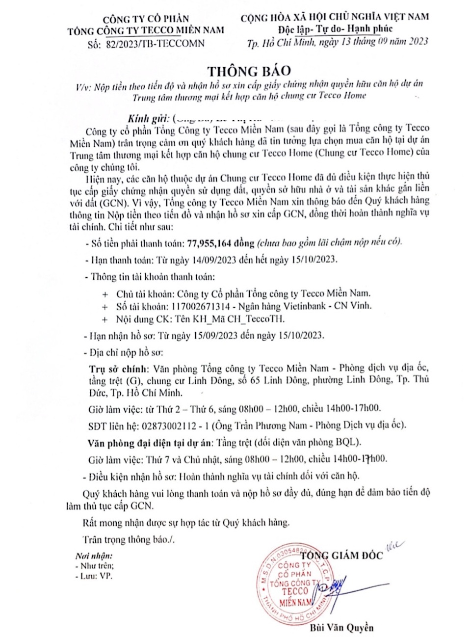 Chưa bàn giao sổ hồng, chủ đầu tư Tecco Home đã ép cư dân đóng tiền