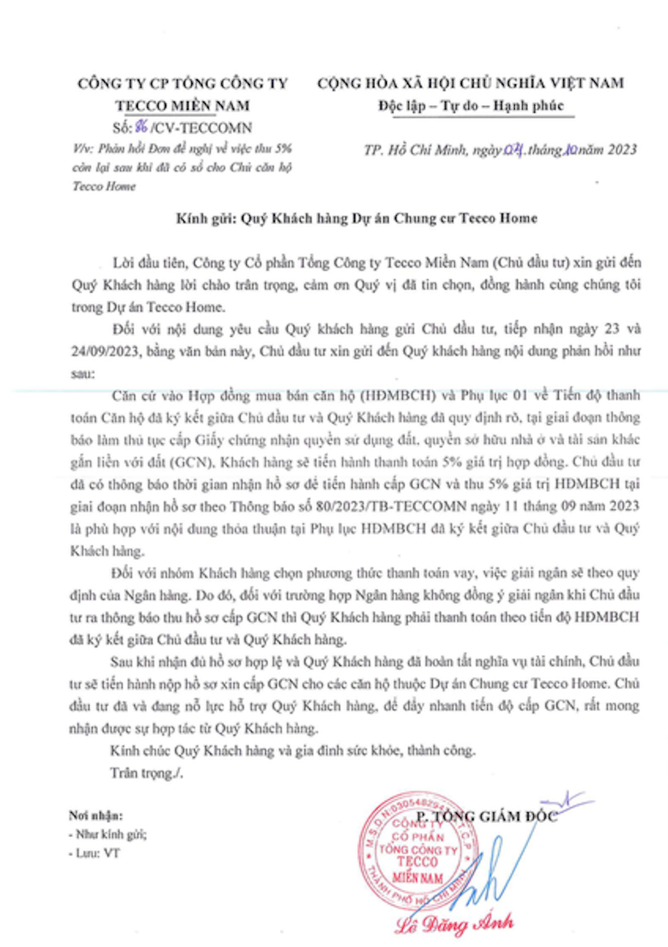 Chưa bàn giao sổ hồng, chủ đầu tư Tecco Home đã ép cư dân đóng tiền