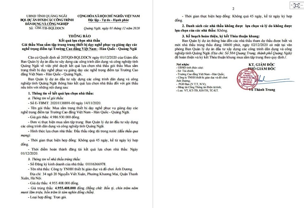 Quảng Ngãi: Nghi vấn chênh lệch giá hàng tỷ đồng trong đấu thầu mua sắm tại Ban quản lý dự án? - vninfor.vn