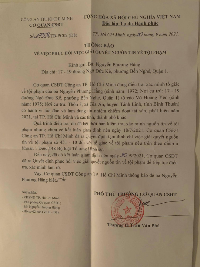 Công an TP.HCM phục hồi điều tra vụ bà Nguyễn Phương Hằng tố ông Võ Hoàng Yên - 1
